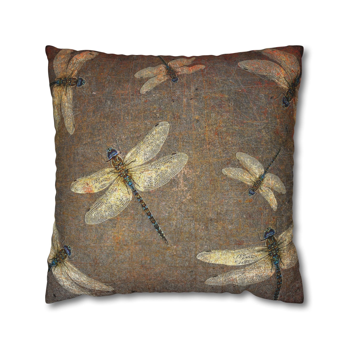 Dragonfly Themed Square Pillow Cover, Flight of Dragonflies on Distressed Background Print