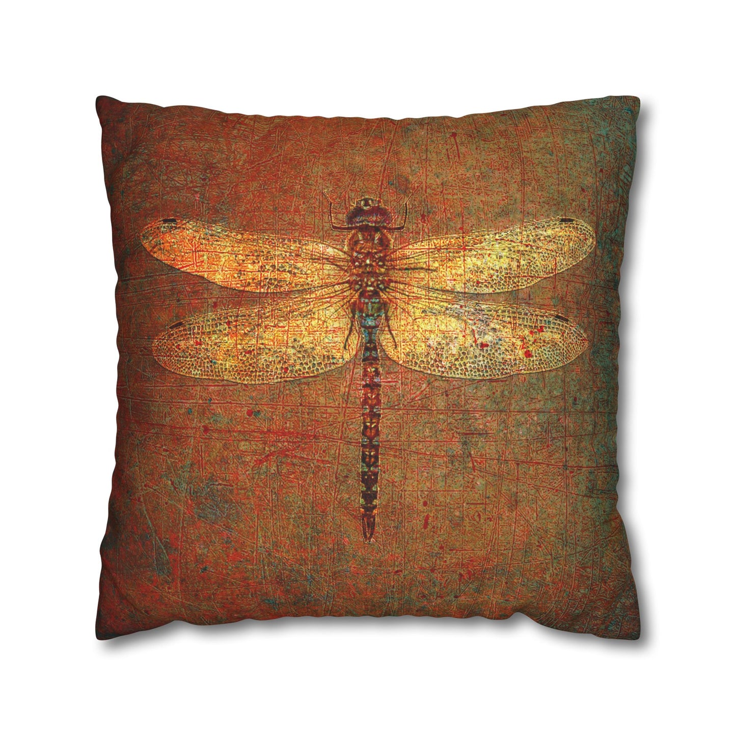 Dragonfly Themed Replacement Pillow Cover, Golden Dragonflies on Orange and Green Background Print