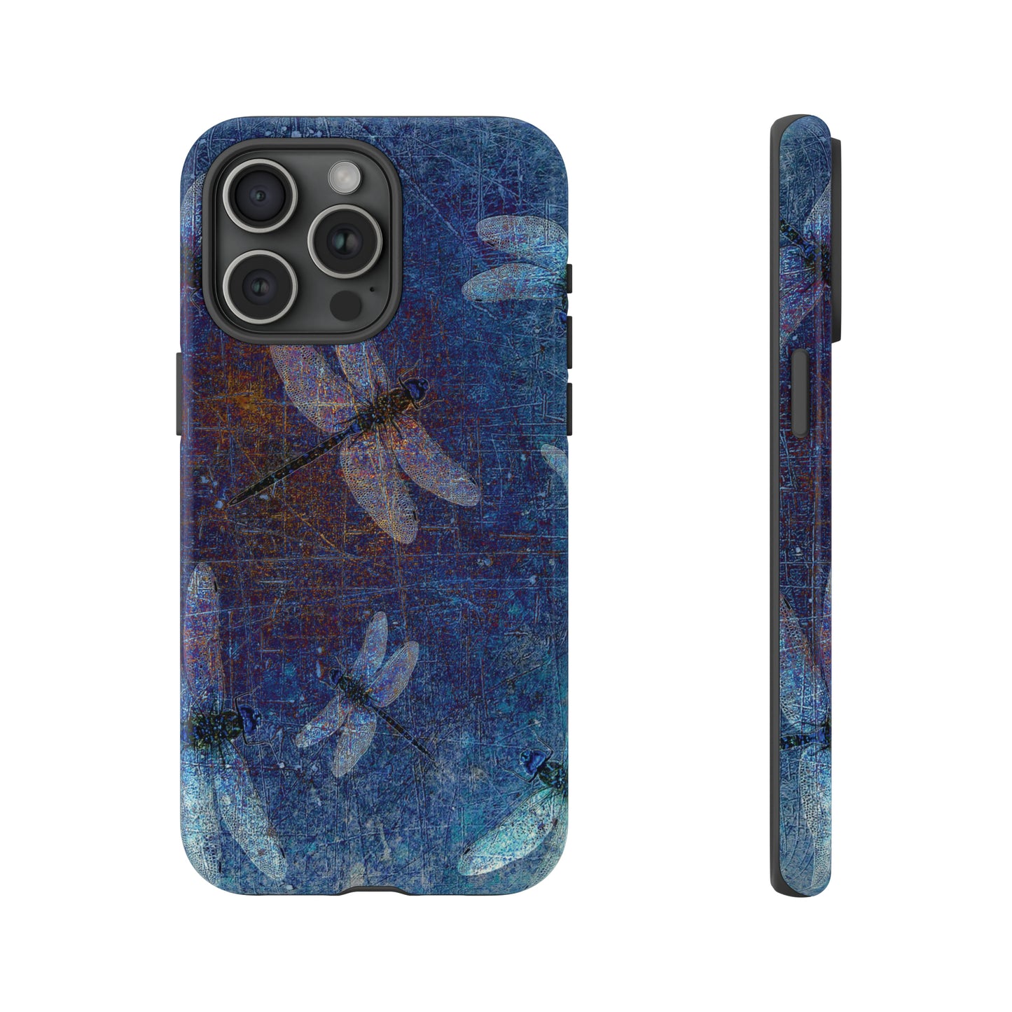 Silver Dragonflies on Denim Blue Print Tough Case for iPhone 15 Pro Max front and side