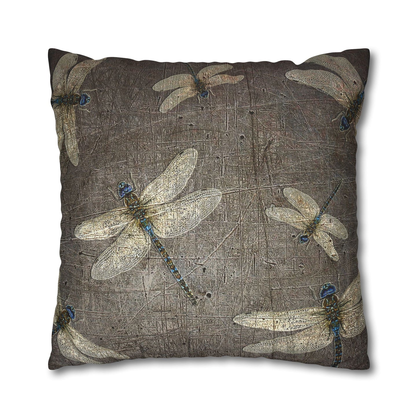 Dragonfly Themed Square Pillow Cover, Dragonflies on Distressed Stone Grey Print