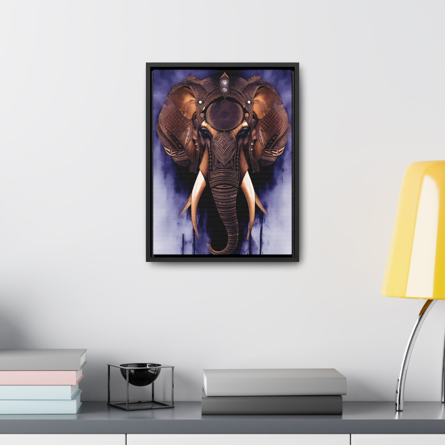 Elephant Themed Modern Wall Art - Tribal Elephant Head on Purple Background Print on Canvas in a Floating Frame