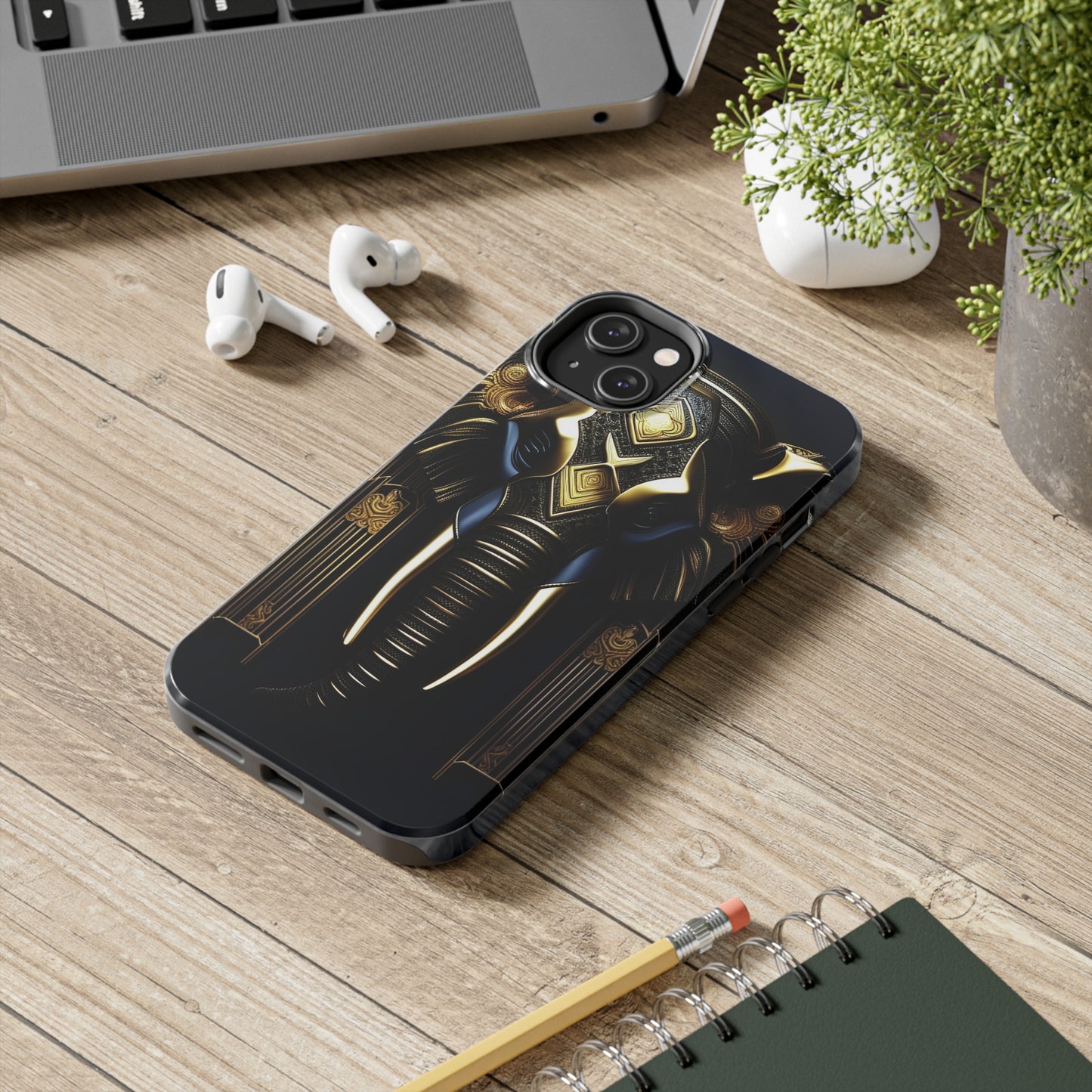 Blue and Gold Elephant Head Art Deco Style Printed on Phone Case for iPhone 14 on desk