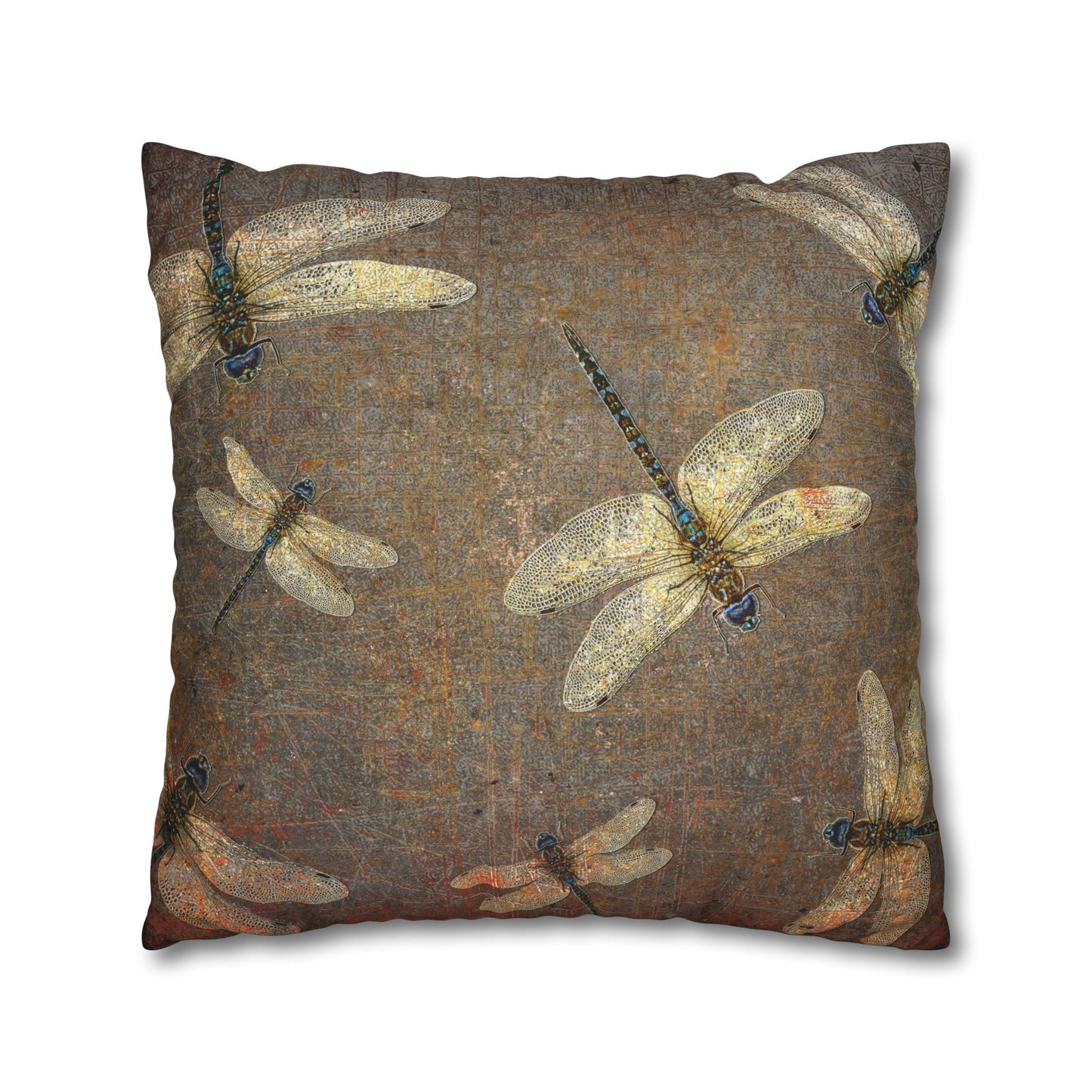 Dragonfly Themed Square Pillow Cover, Flight of Dragonflies on Distressed Background Print