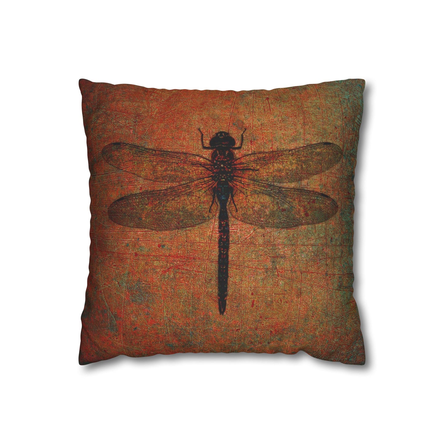 Dragonfly Themed Square Pillow Cover, Dragonfly on Distressed Brown Background Cover