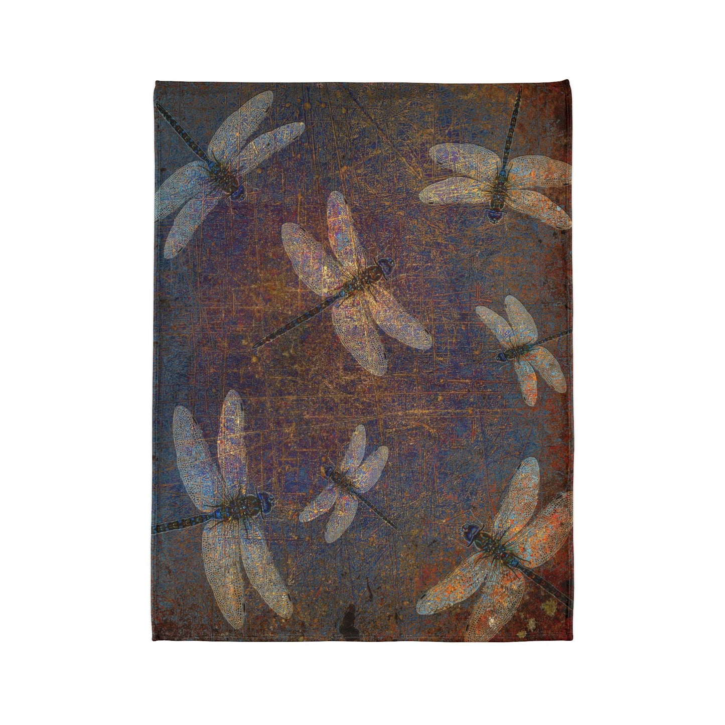 Super soft Dragonfly Minky Blanket: Flight of Dragonflies on Distressed Purple and Orange Background