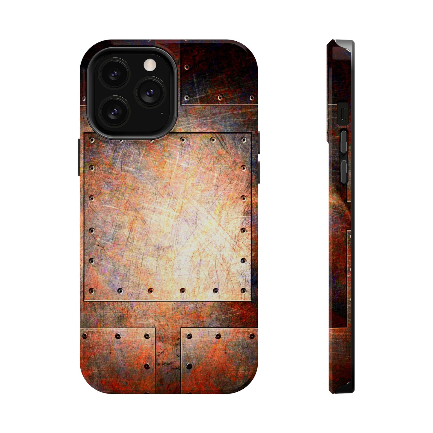 Steampunk Themed Mag Safe Tough Cases for iPhones 13 and 14 - Distressed Riveted Metal Plates Print
