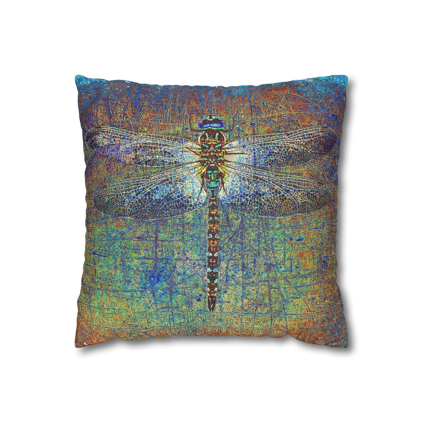 Dragonfly Print Square Pillow Cover, Dragonfly on Multicolor Background Replacement Cover