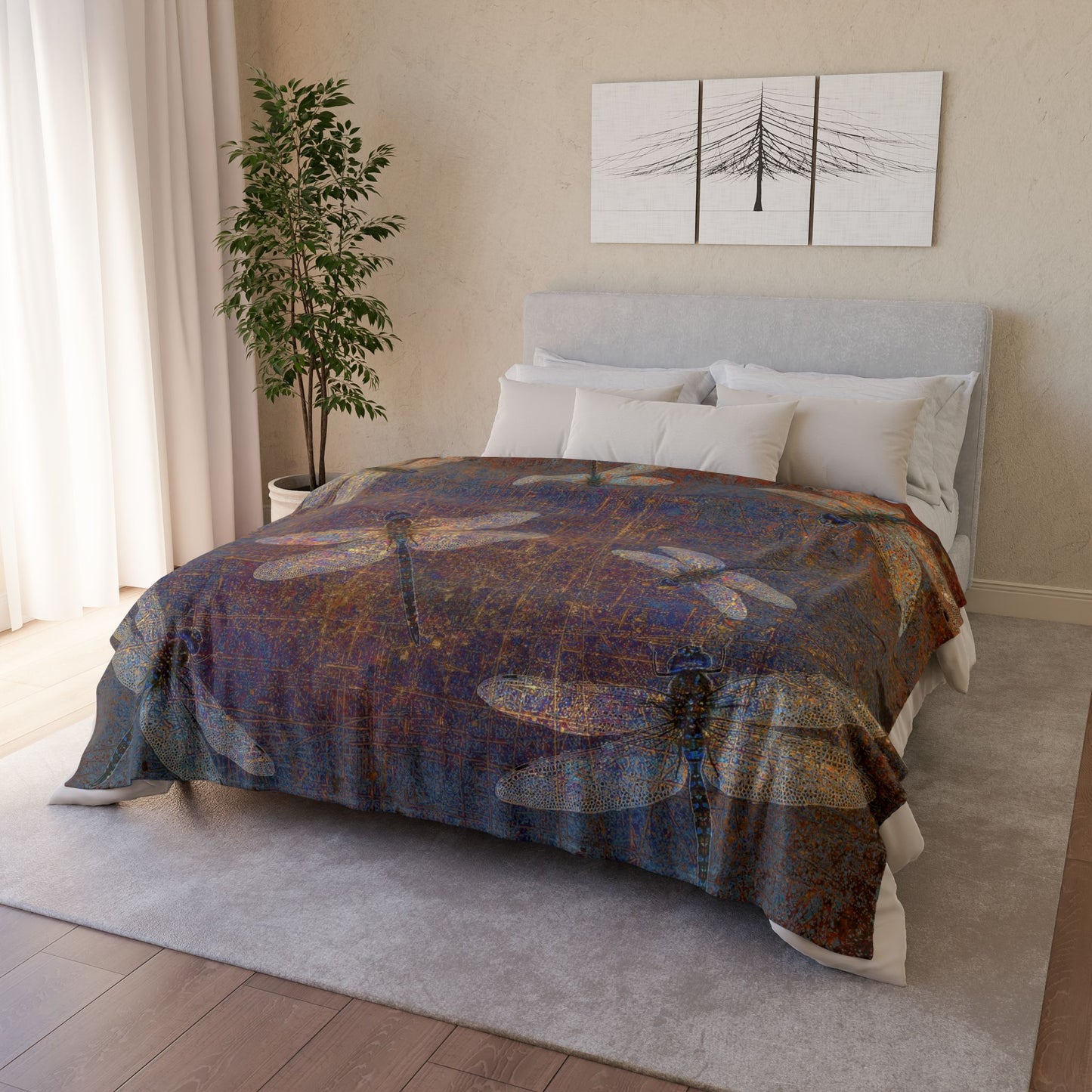 Super soft Dragonfly Minky Blanket: Flight of Dragonflies on Distressed Purple and Orange Background