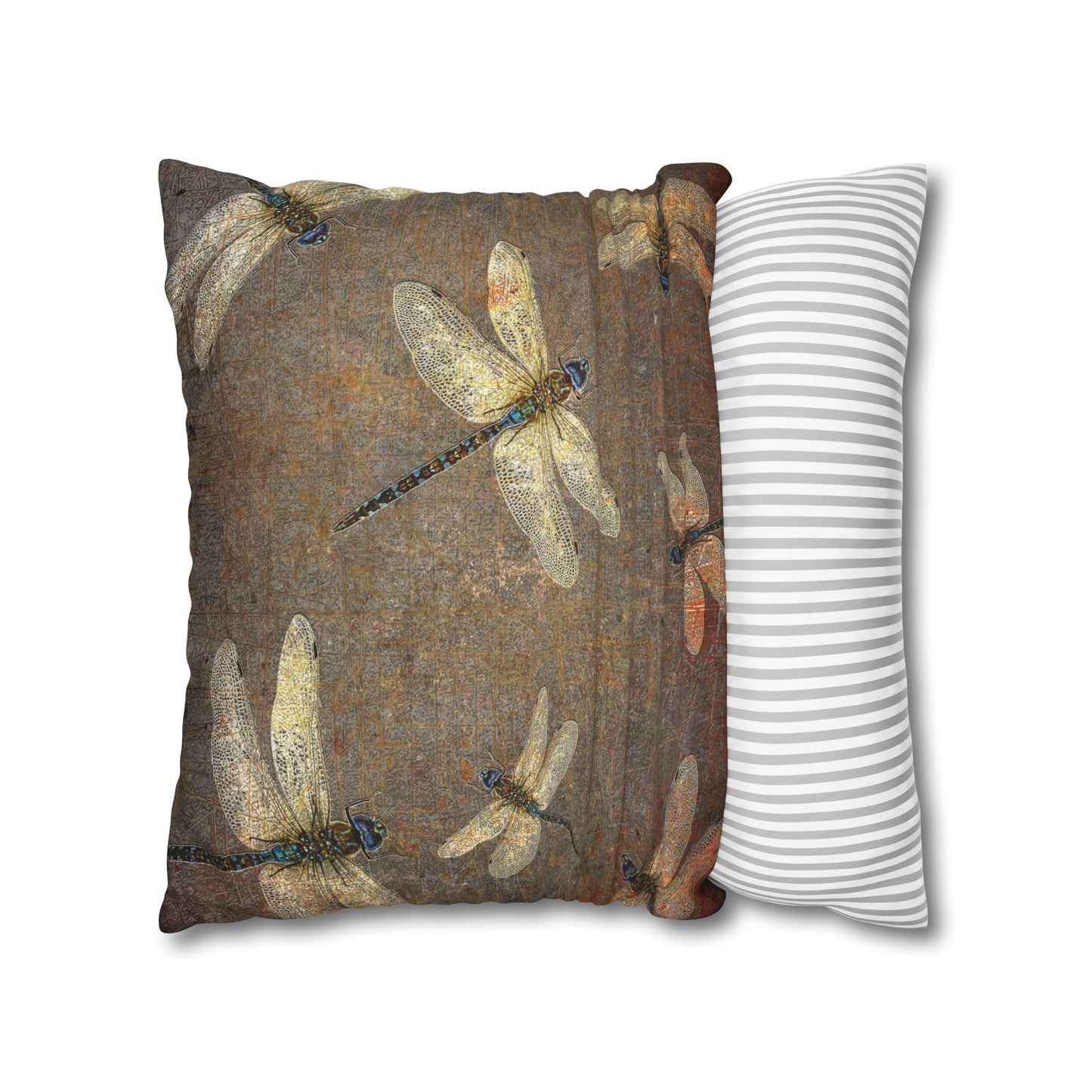 Dragonfly Themed Square Pillow Cover, Flight of Dragonflies on Distressed Background Print