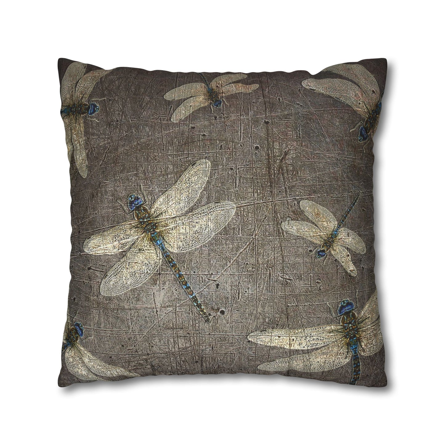 Dragonfly Themed Square Pillow Cover, Dragonflies on Distressed Stone Grey Print