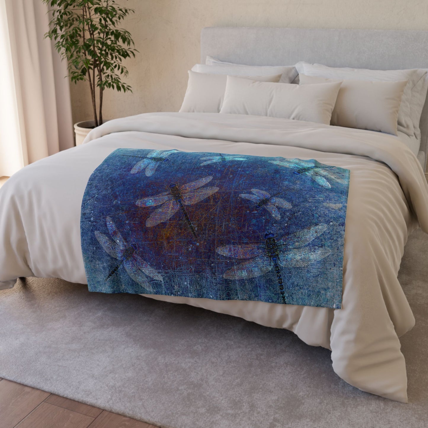 Super soft Dragonfly Minky Blanket: Flight of Dragonflies on Distressed Blue Background