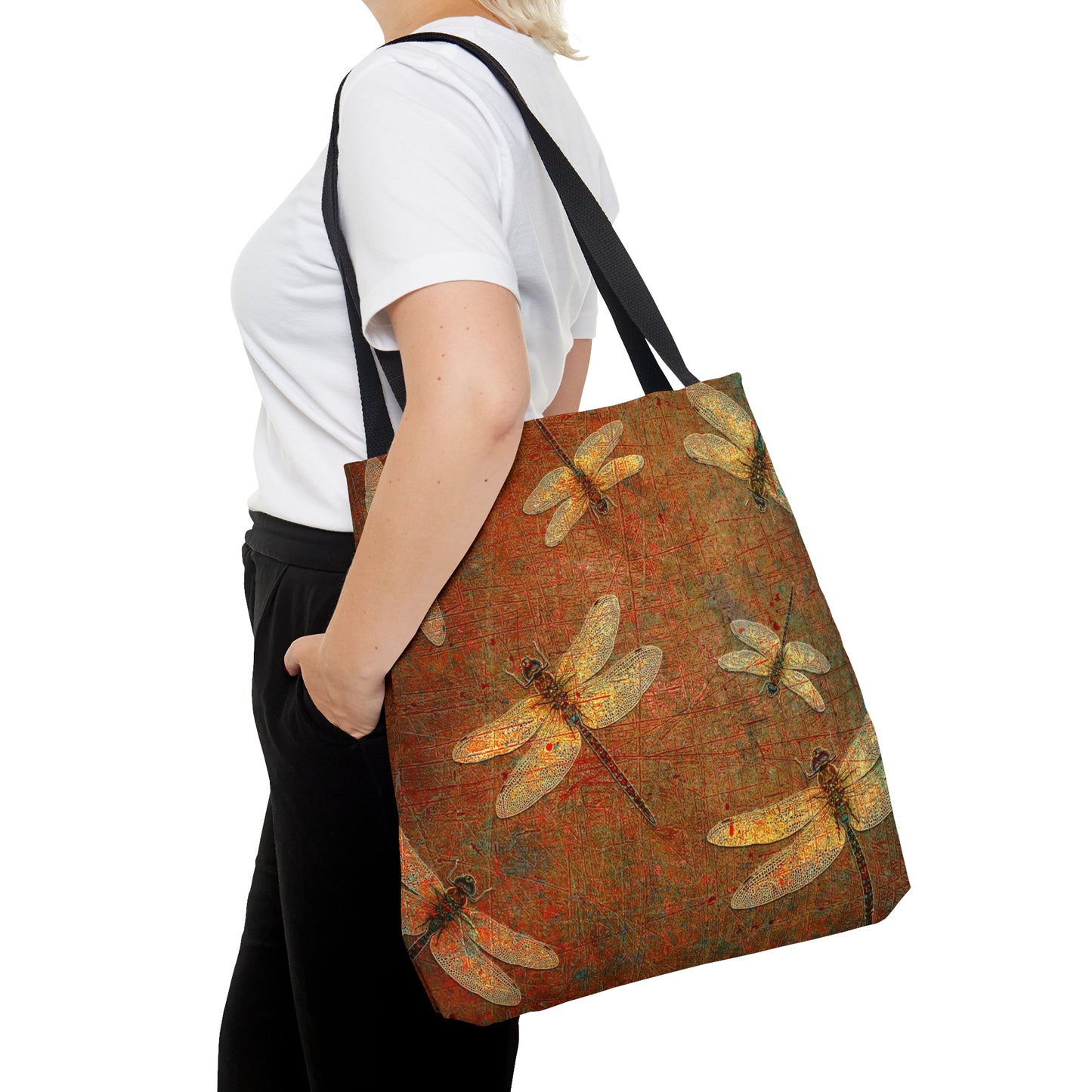 Flight of Golden Dragonflies on Brown Stone Printed on Tote Bag large with model