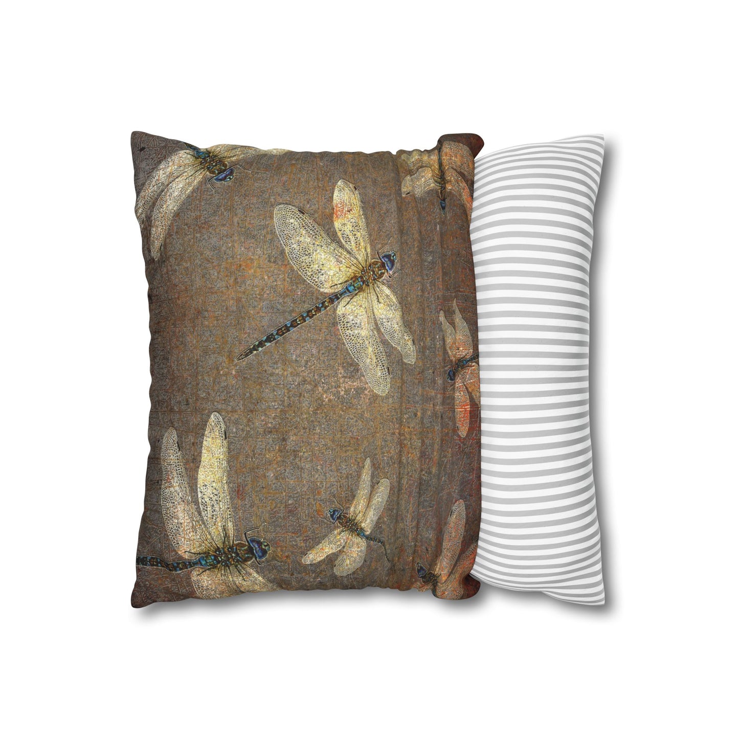 Dragonfly Themed Square Pillow Cover, Flight of Dragonflies on Distressed Background Print
