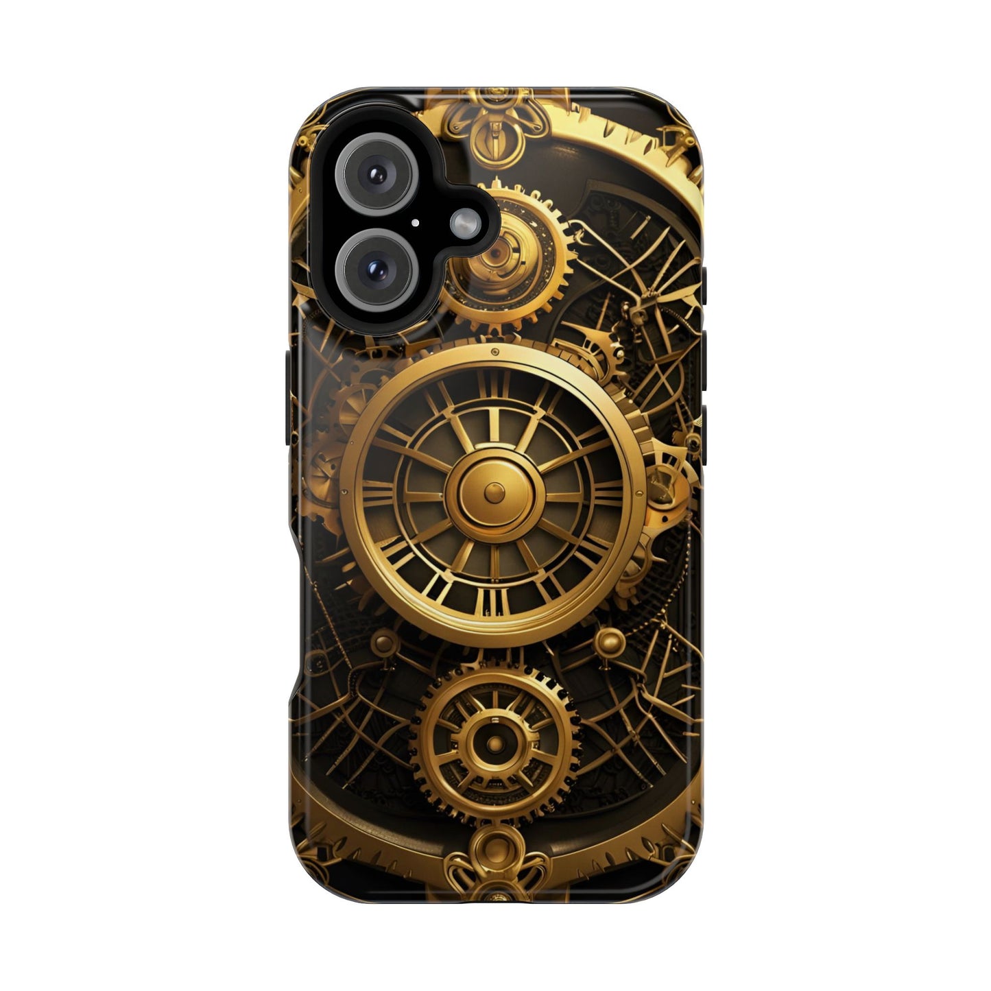 Magnetic Tough Cases for iPhone 16, Art Deco Themed Steampunk Gold and Copper Gears Panel Printed on Phone Case for iPhone 16