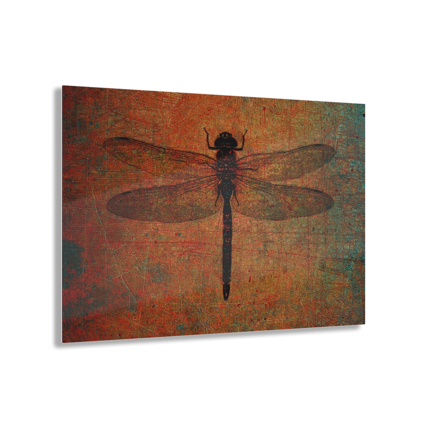 Dragonfly Themed Modern Wall Art - Dragonfly on Distressed Brown Stone Background on a Crystal Clear Acrylic Panel
