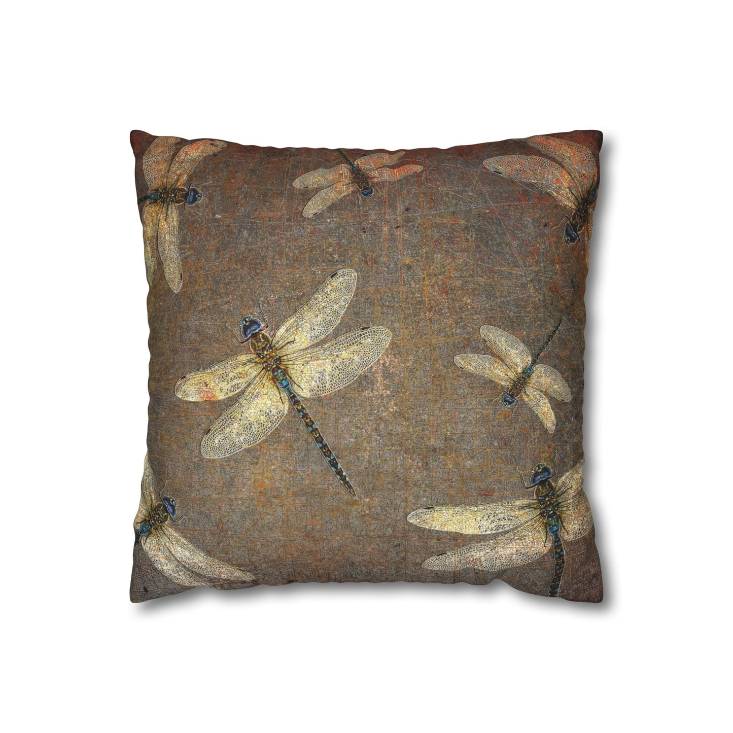 Dragonfly Themed Square Pillow Cover, Flight of Dragonflies on Distressed Background Print