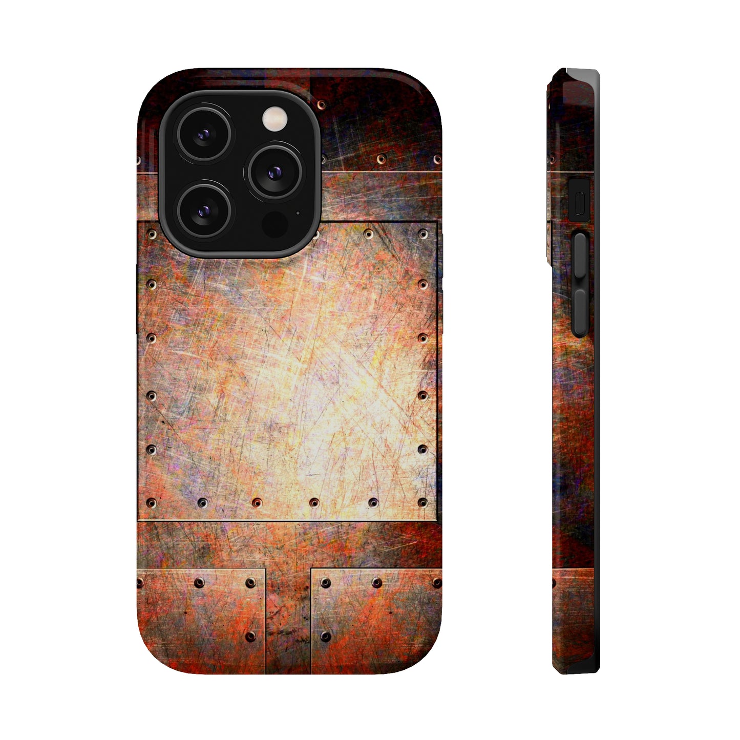 Steampunk Themed Mag Safe Tough Cases for iPhones 13 and 14 - Distressed Riveted Metal Plates Print