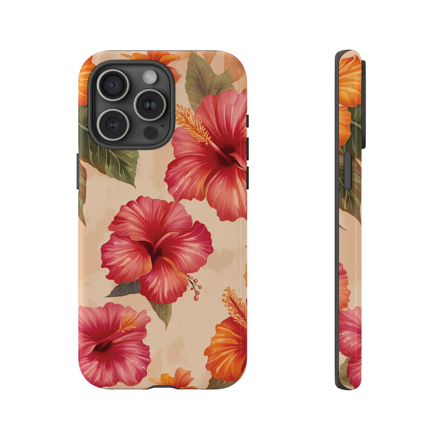 Pink and Orange Hibiscus Flowers Print Tough Case for iPhone 15 Pro Max front and side views