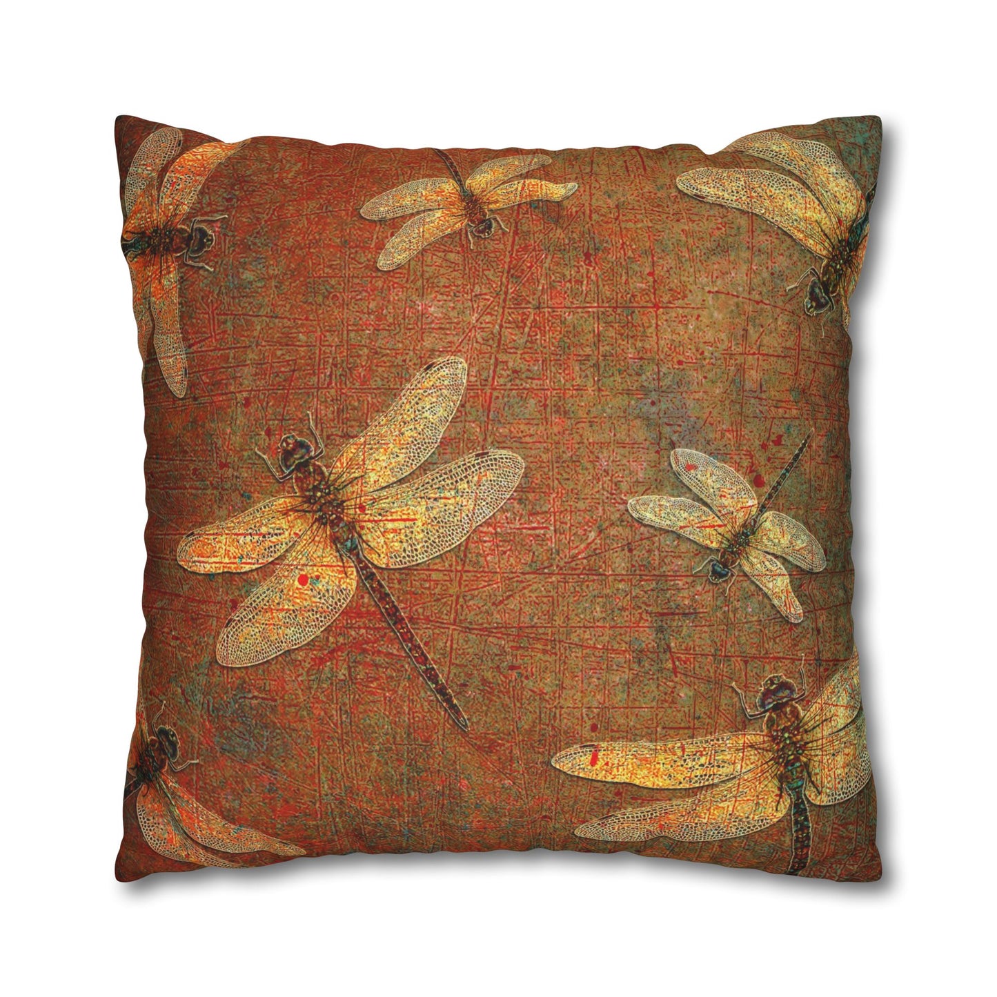 Dragonfly Themed Replacement Pillow Cover, Golden Dragonflies on Orange and Green Background Print