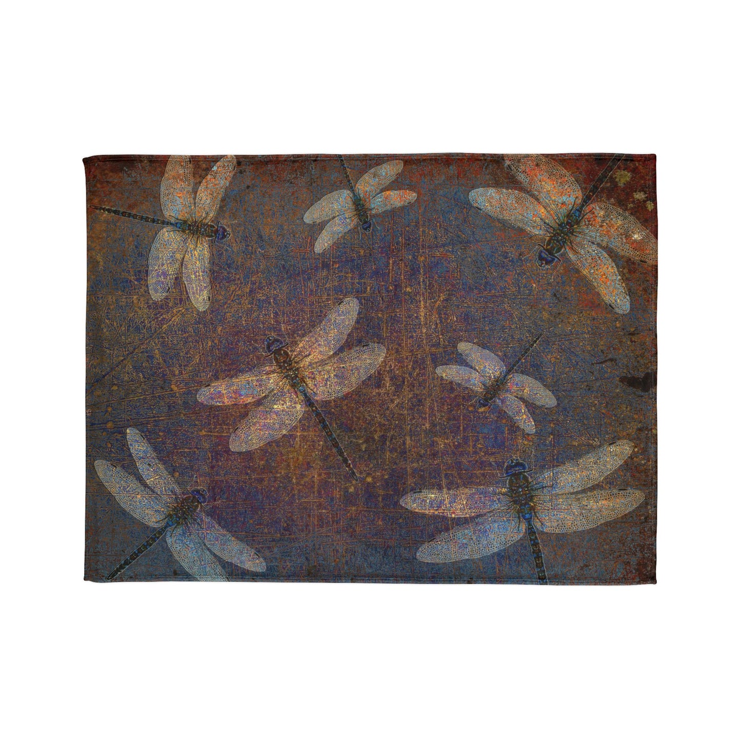 Super soft Dragonfly Minky Blanket: Flight of Dragonflies on Distressed Purple and Orange Background