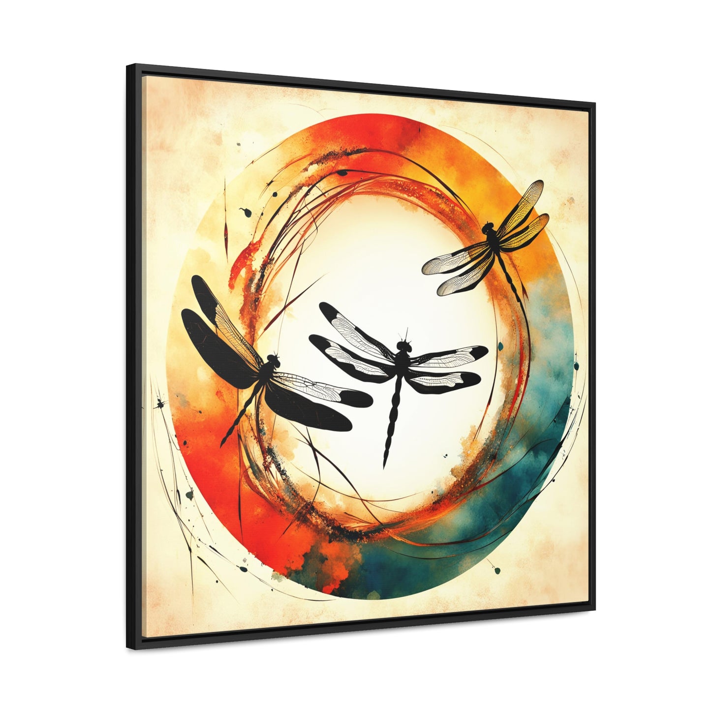 Dragonflies Silhouettes in a colorful Enso circle Print on Canvas in a Floating Frame - Spiritual and Meditation Wall Decor