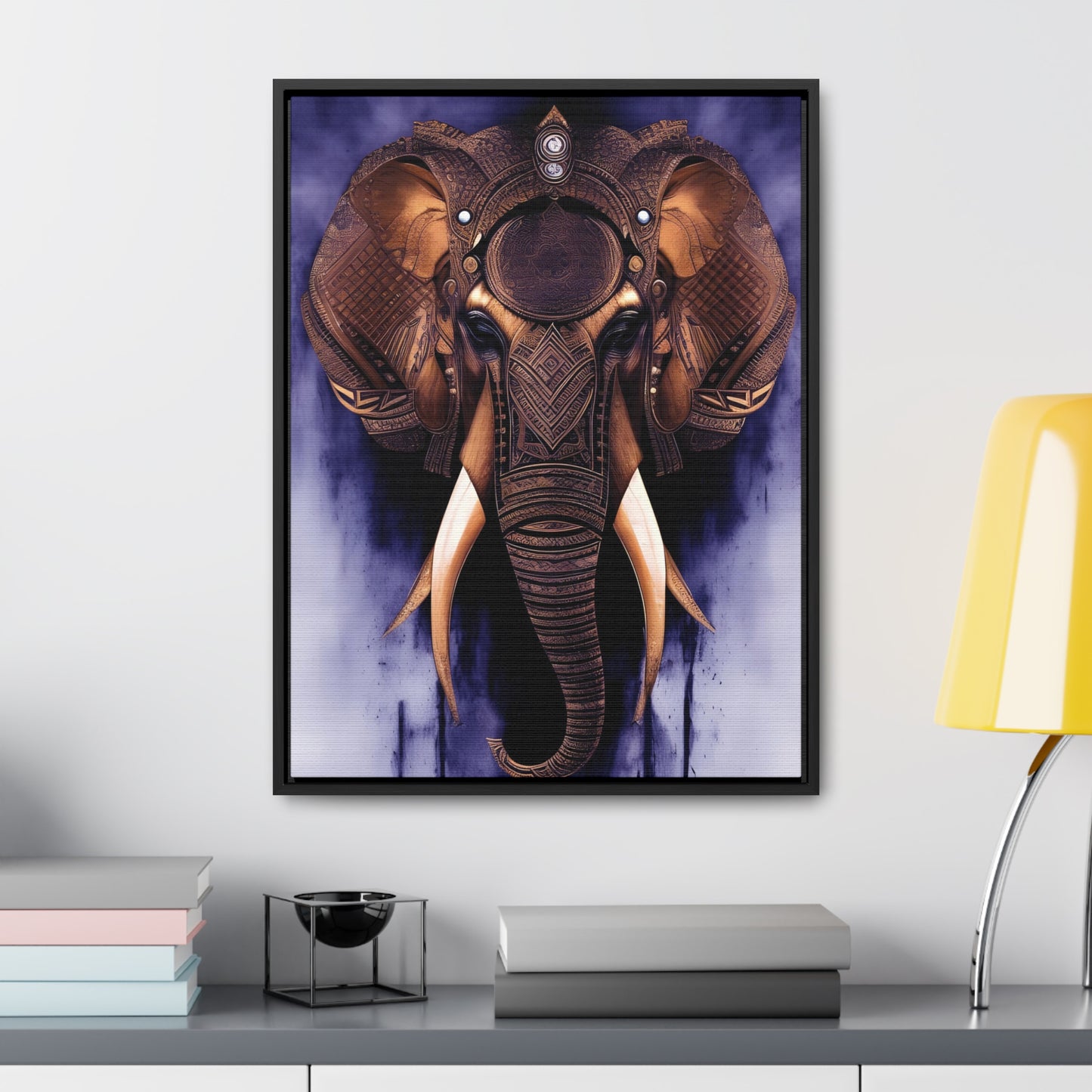 Elephant Themed Modern Wall Art - Tribal Elephant Head on Purple Background Print on Canvas in a Floating Frame