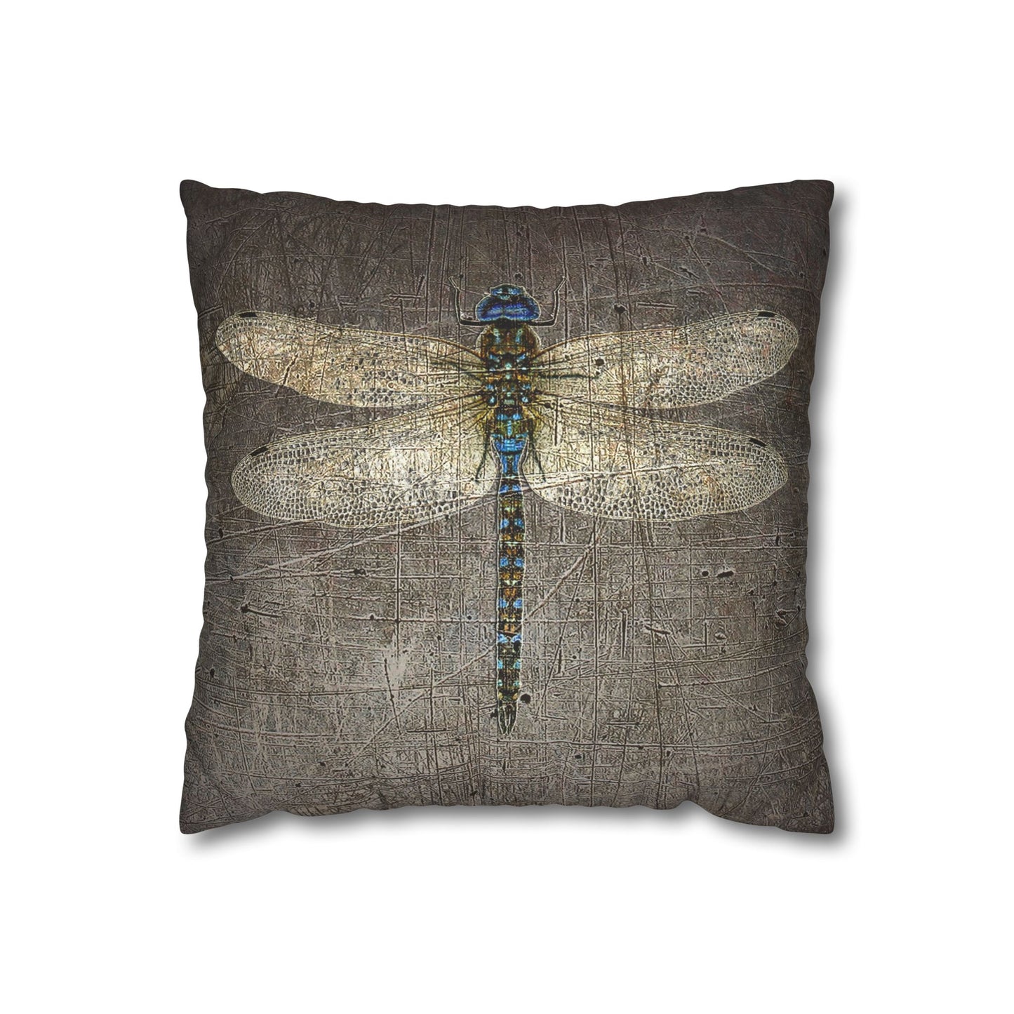 Dragonfly Themed Square Pillow Cover, Dragonflies on Distressed Stone Grey Print