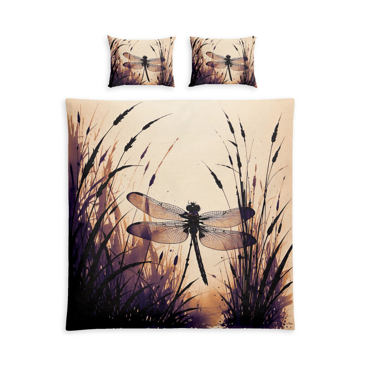 Sumi-e Style Japanese Ink Wash Dragonfly over Reeds Bedding Set, One Duvet Cover, Two Pillow Shams