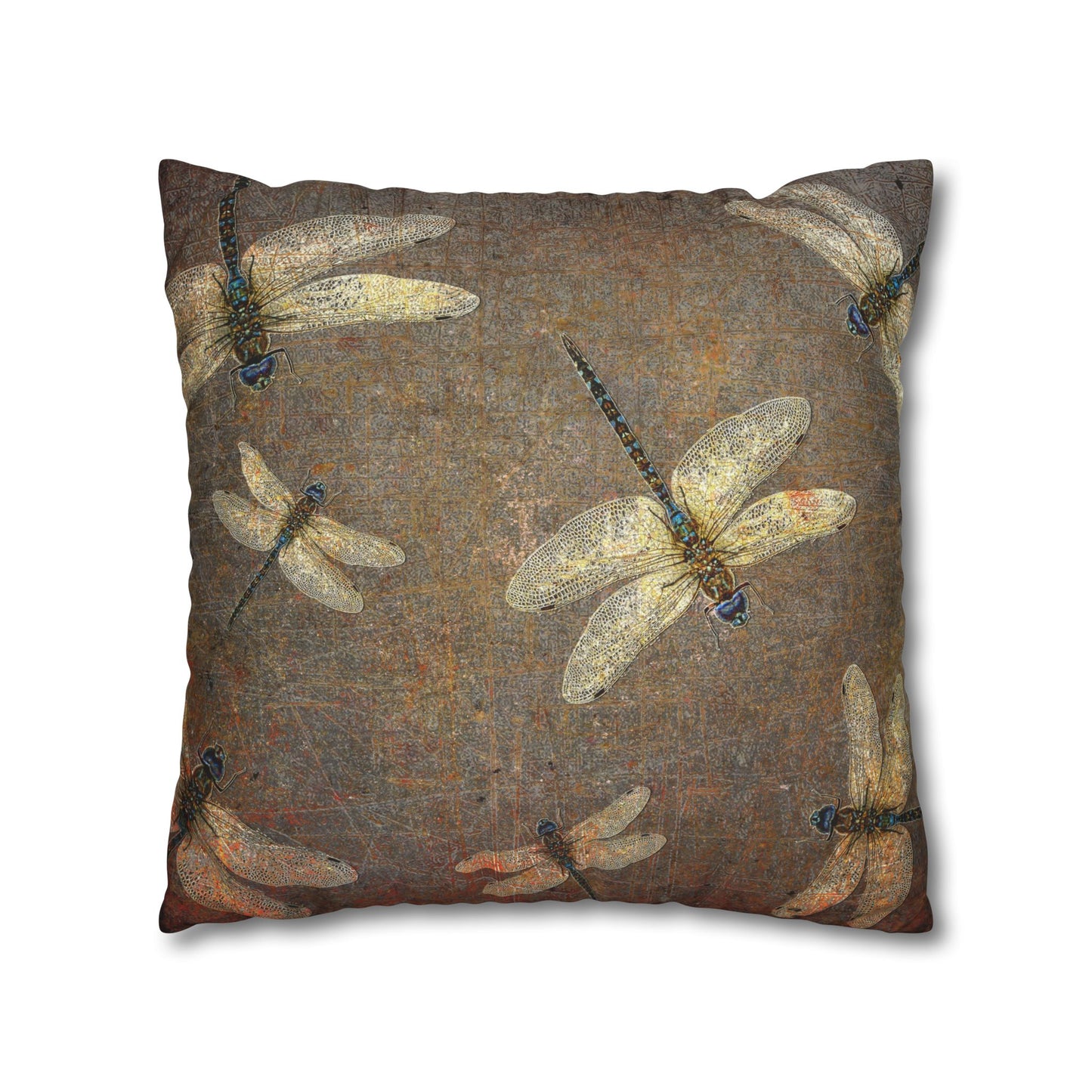 Dragonfly Themed Square Pillow Cover, Flight of Dragonflies on Distressed Background Print