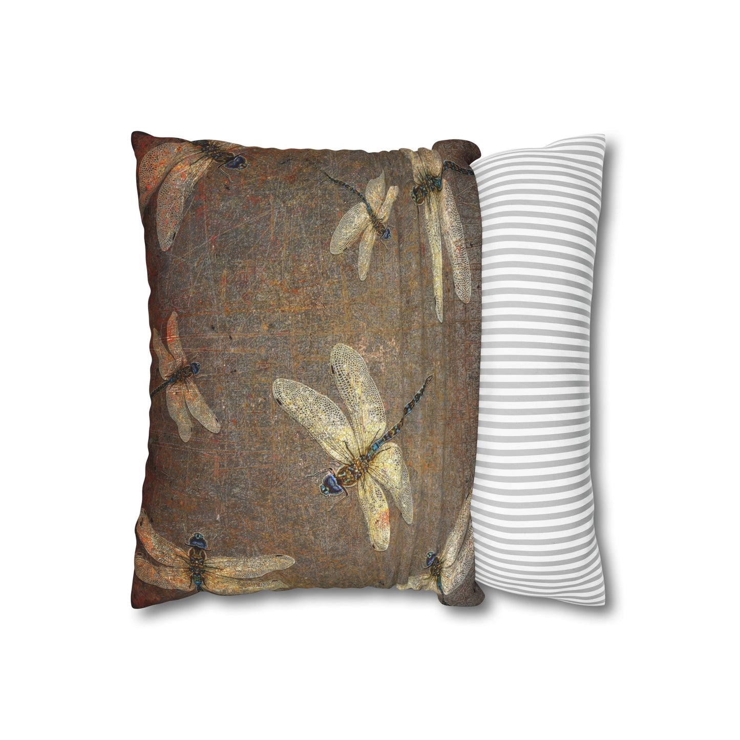 Dragonfly Themed Square Pillow Cover, Flight of Dragonflies on Distressed Background Print