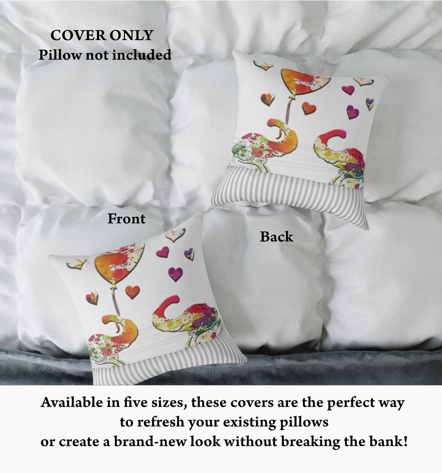 Colorful Baby Elephants and Balloons Replacement Pillow Cover front and back on bed