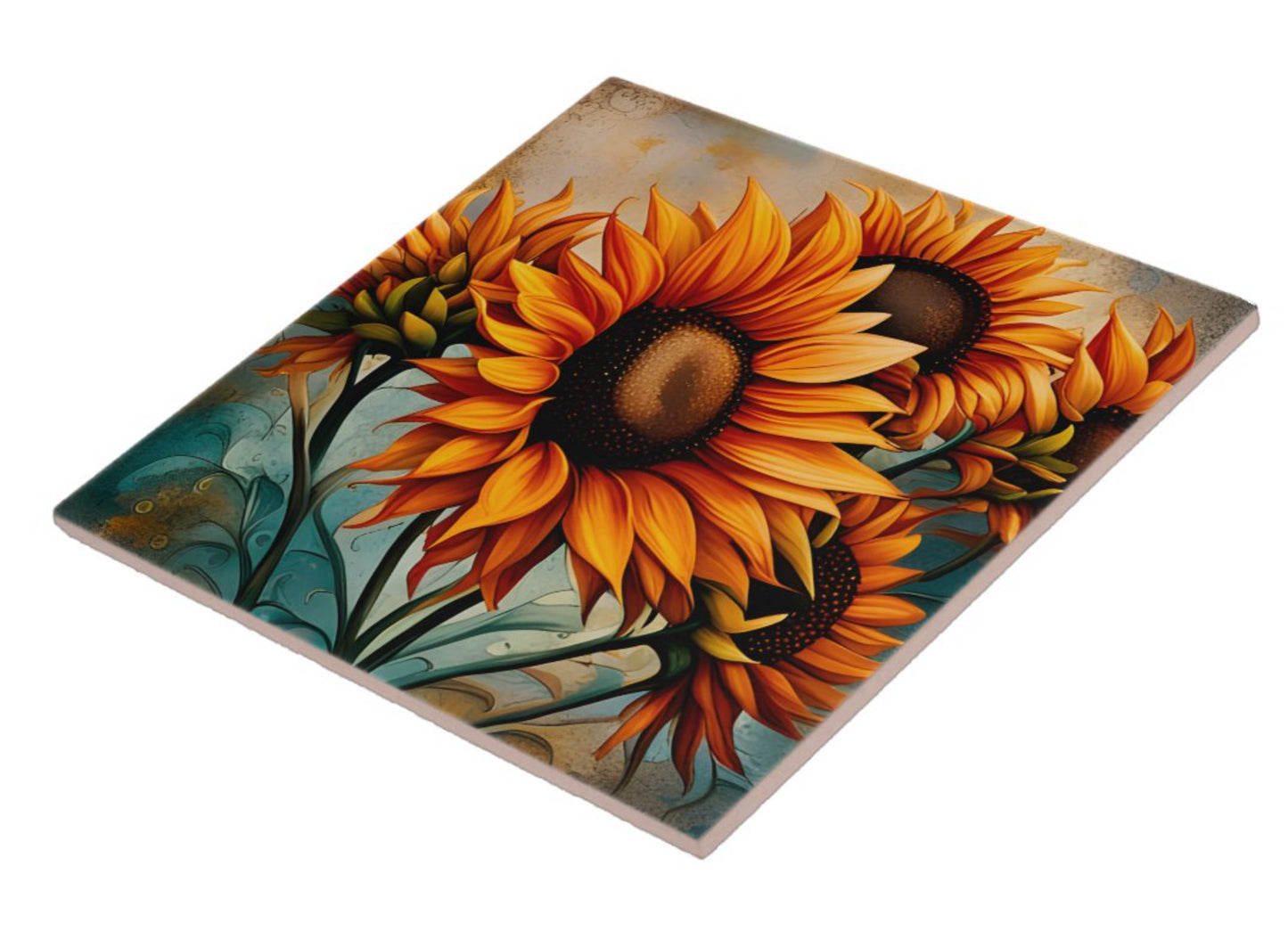 Sunflowers Print on a Ceramic Tile with a Metal Stand