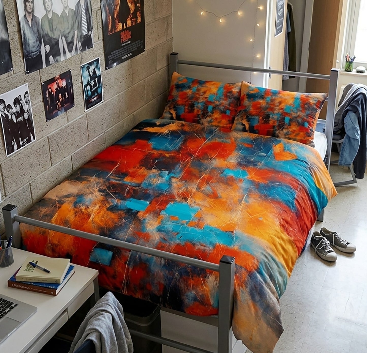 A colorful abstract print bedding set with a duvet cover and matching pillowcases in orange, blue, red, and black, styled on a metal bed frame in a dorm room.