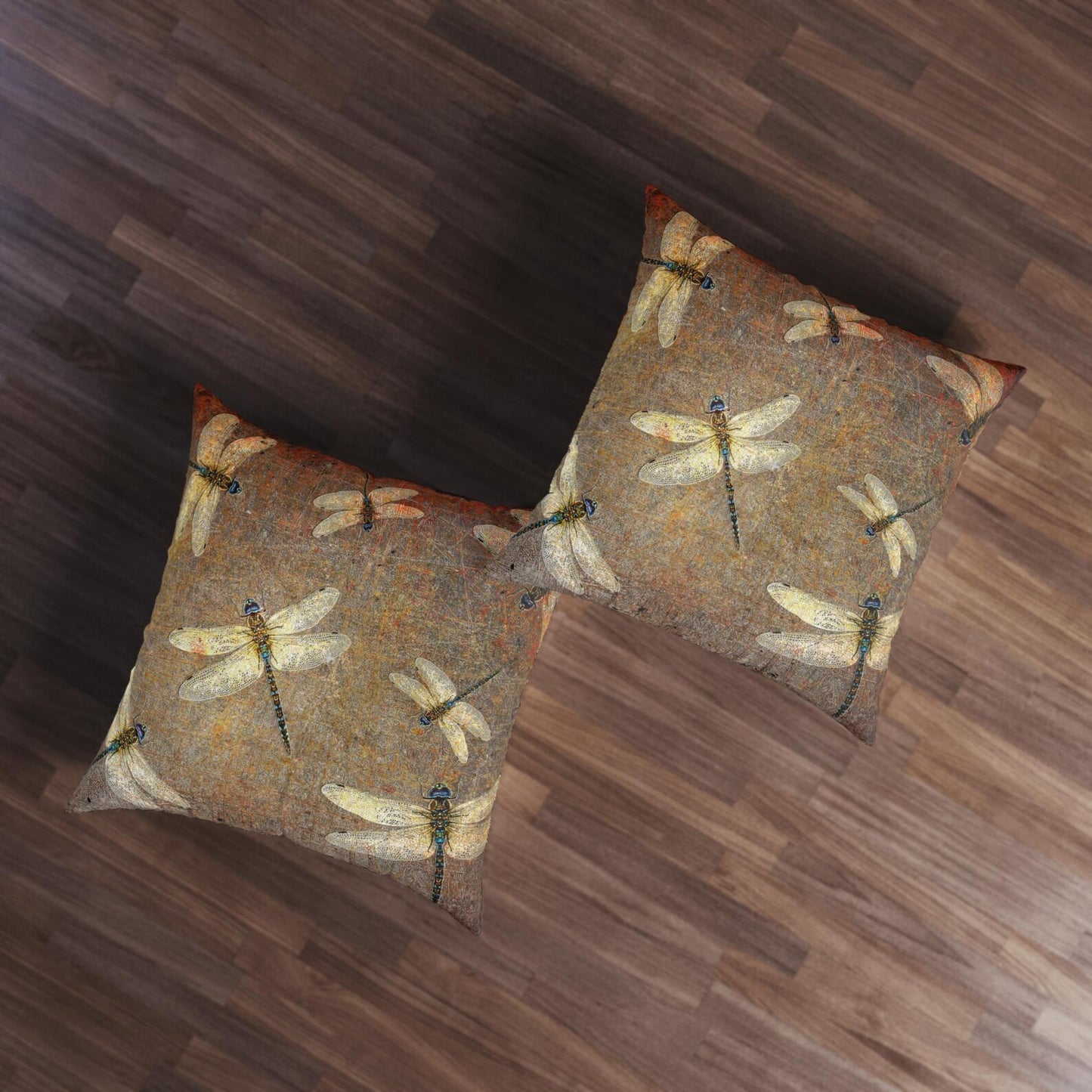 Dragonflies on Distressed Stone Background Print on Large Square Tufted Floor Pillow front and back