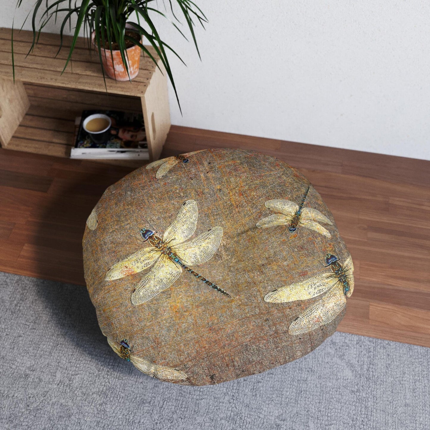 Dragonflies on Distressed Stone Background Print on Large Round Tufted Floor Pillow on floor