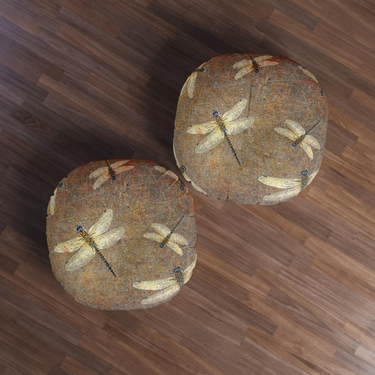 Dragonflies on Distressed Stone Background Print on Large Round Tufted Floor Pillow on floor