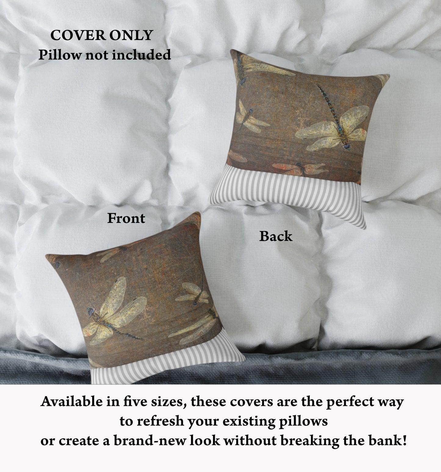 Dragonfly Themed Square Pillow Cover, Flight of Dragonflies on Distressed Background Print front and back on bed