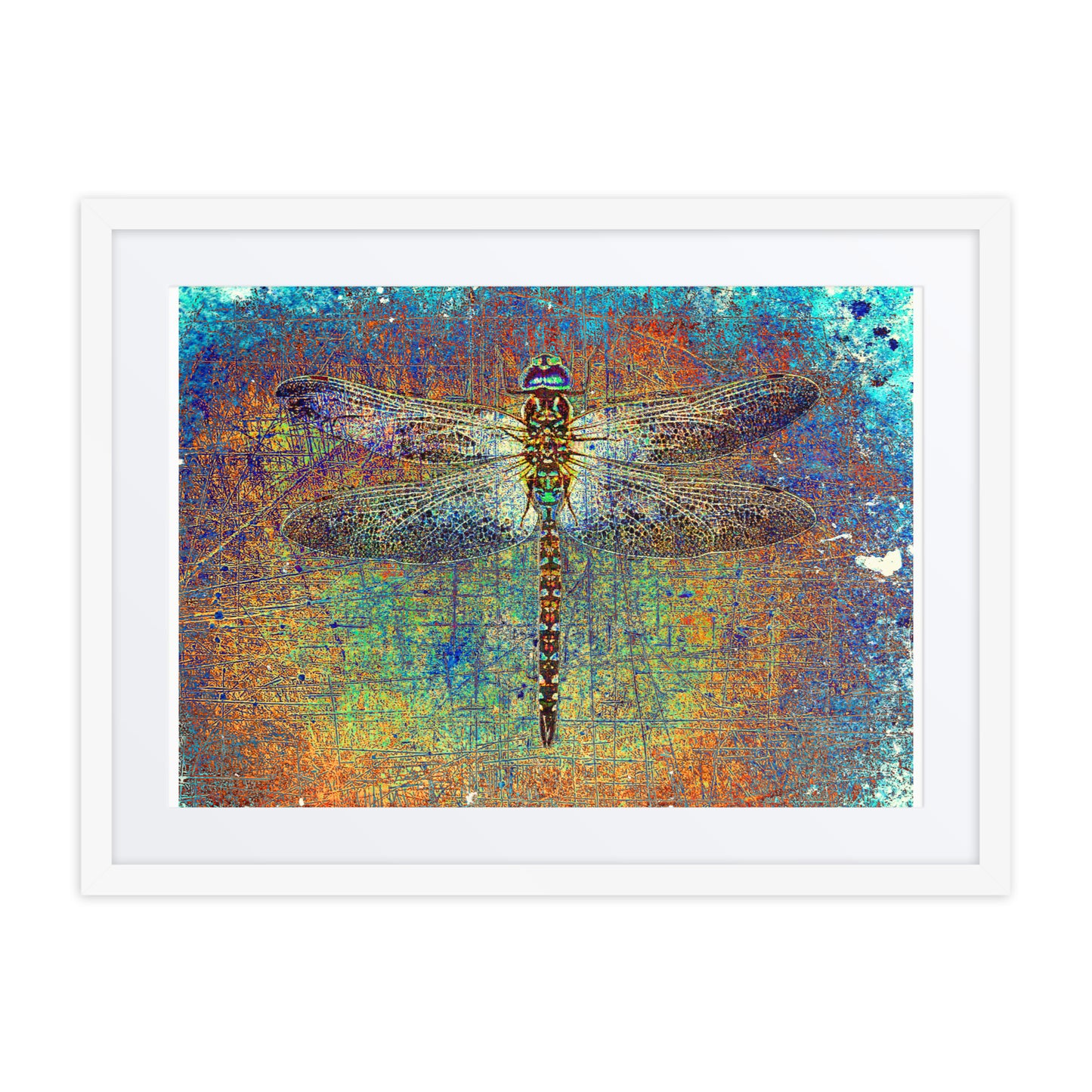 Dragonfly on Multicolor Background Print Framed in a white Ayous Wood Frame 18by24