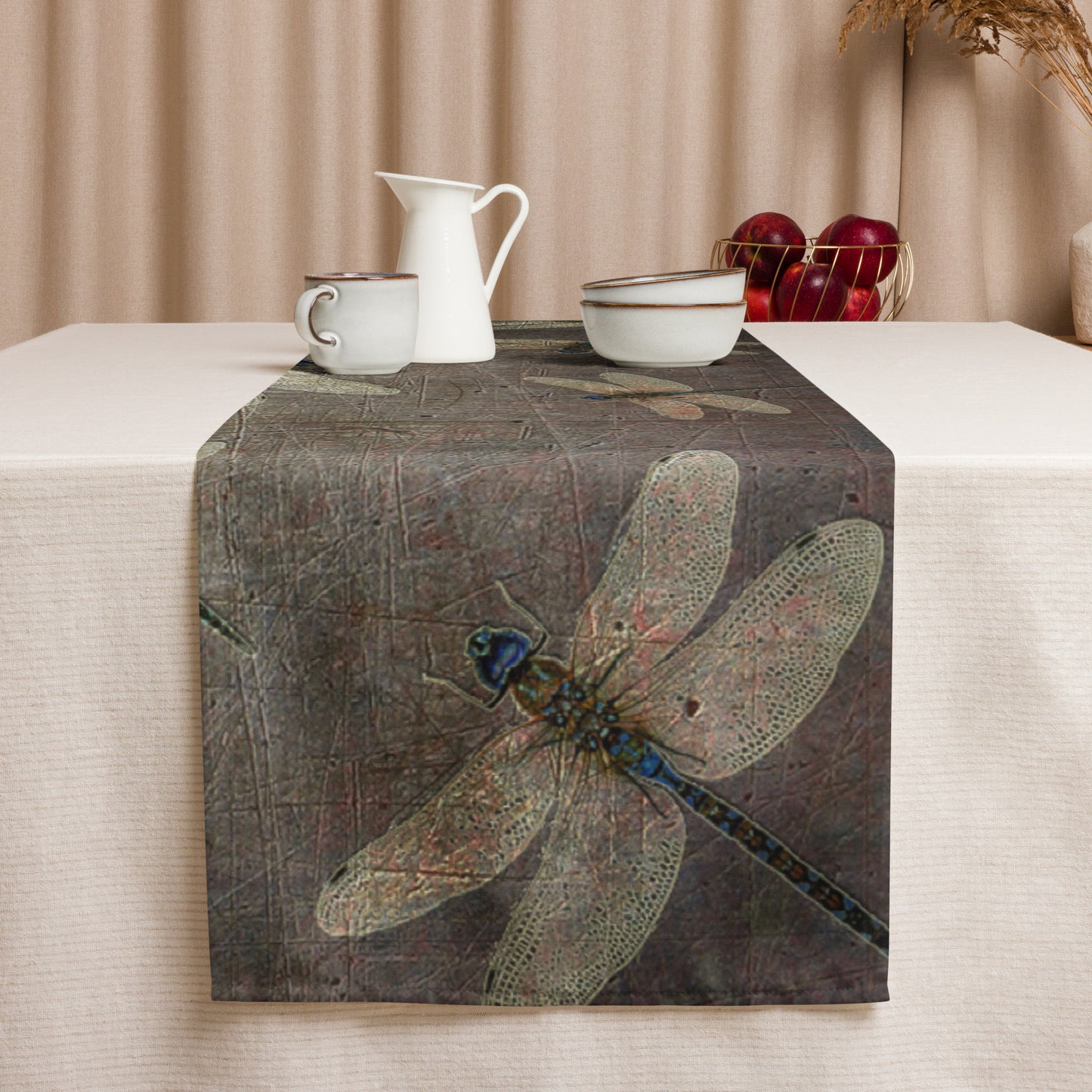 Flight of Dragonflies on Distressed Grey Background Elegant Table Runner end