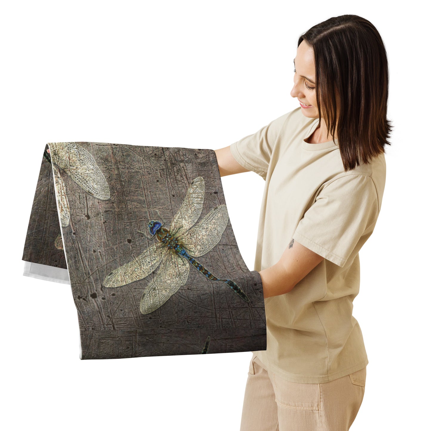 Flight of Dragonflies on Distressed Grey Background Elegant Table Runner held