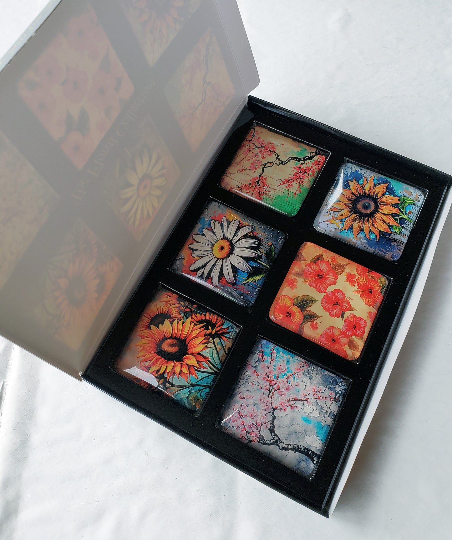 Wholesale Only - 18 Set of 6 Acrylic Magnets, The Flowers Collection inside box