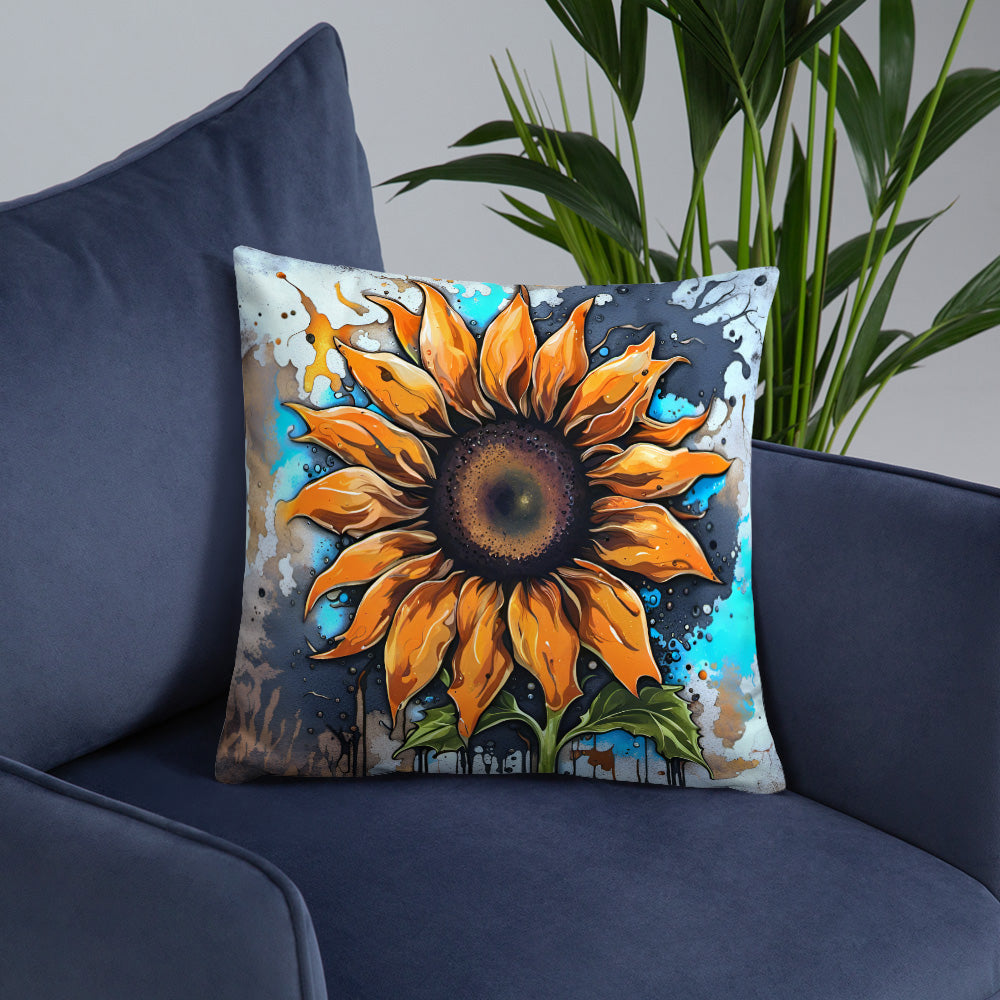 Floral Themed Throw Pillow, Street Style Sunflower Print on Spun Polyester Square Pillow on blue sofa