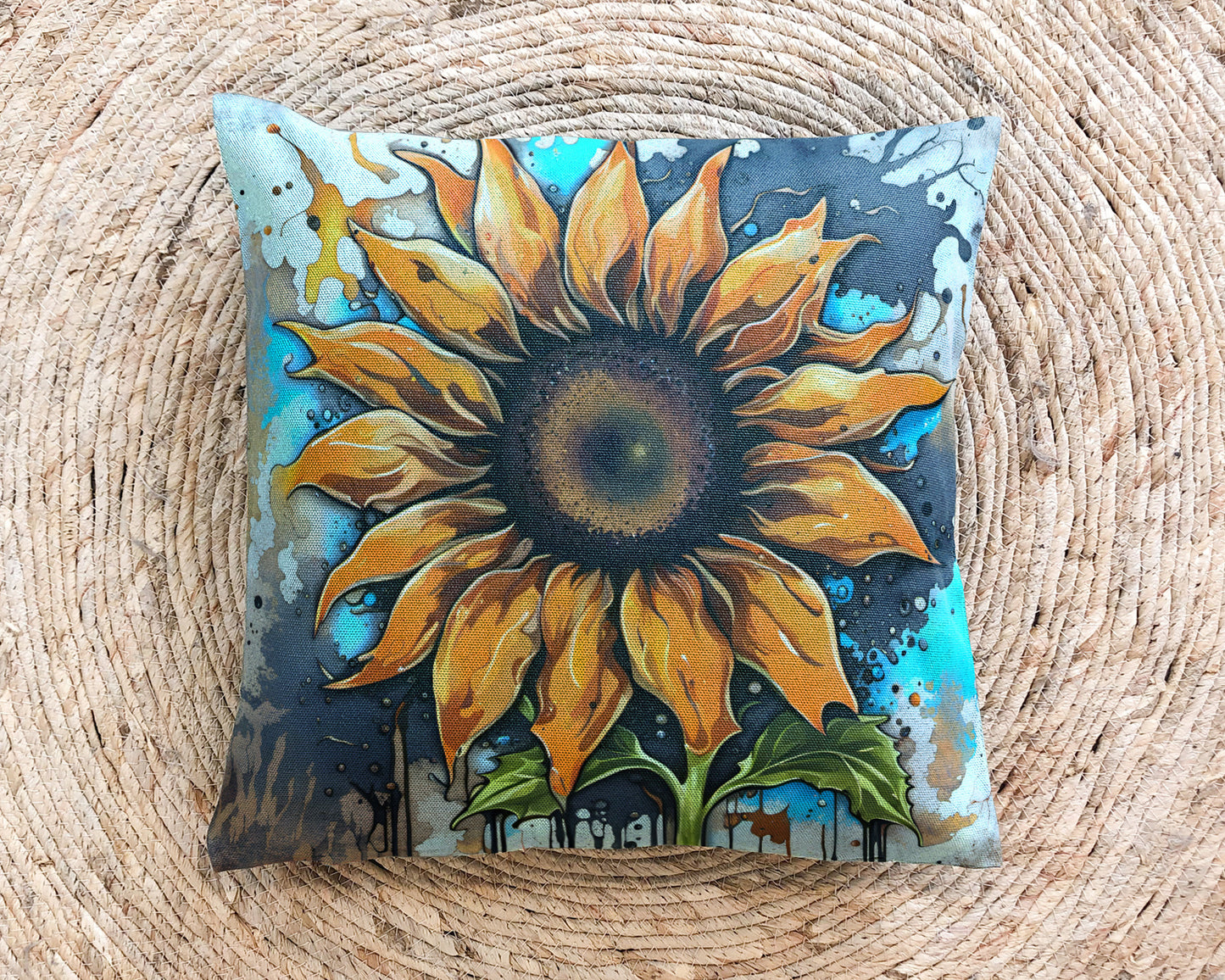 Floral Themed Throw Pillow, Street Style Sunflower Print on Spun Polyester Square Pillow on rug
