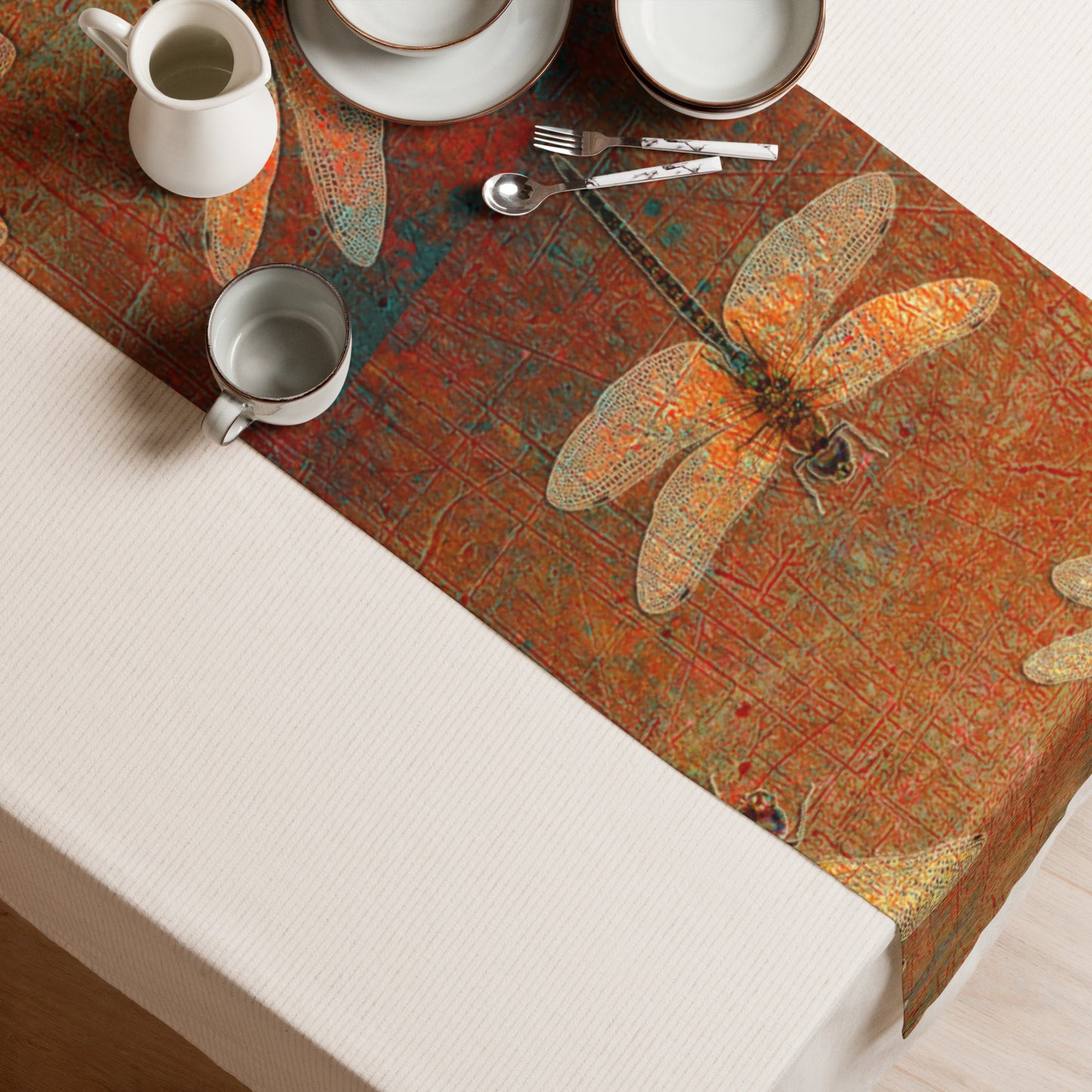 Golden Dragonflies on Orange and Green Background Table runner from above