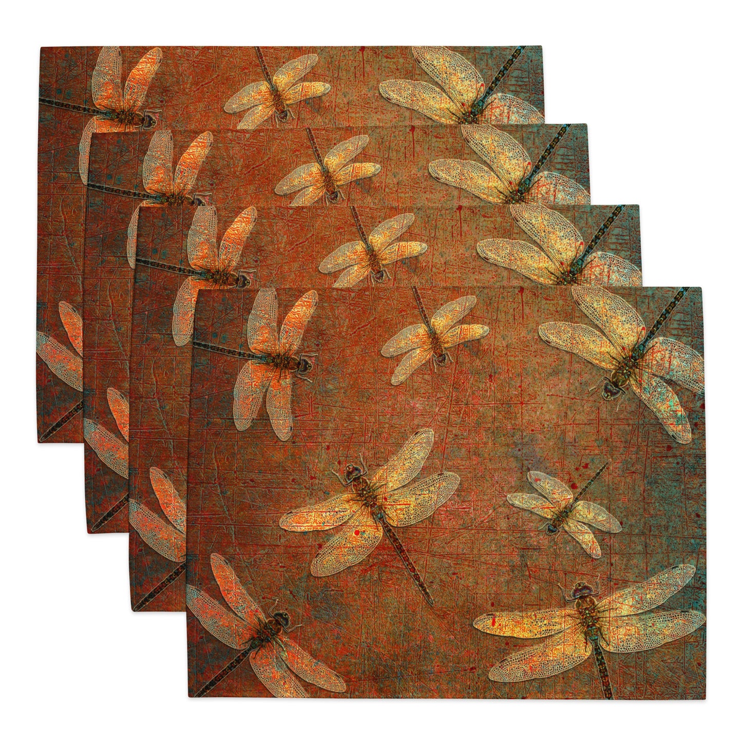 Golden Dragonflies on Orange and Green Background Print Placemat Set of 4