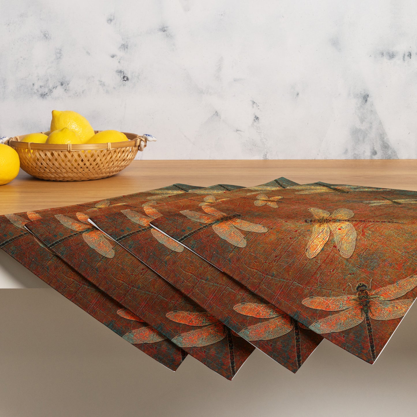 Golden Dragonflies on Orange and Green Background Print Placemat Set of 4 hanging