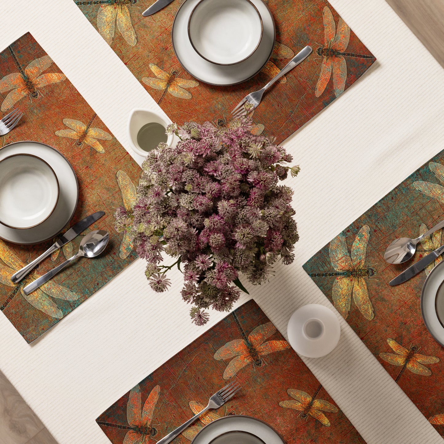 Golden Dragonflies on Orange and Green Background Print Placemat Set of 4 on table