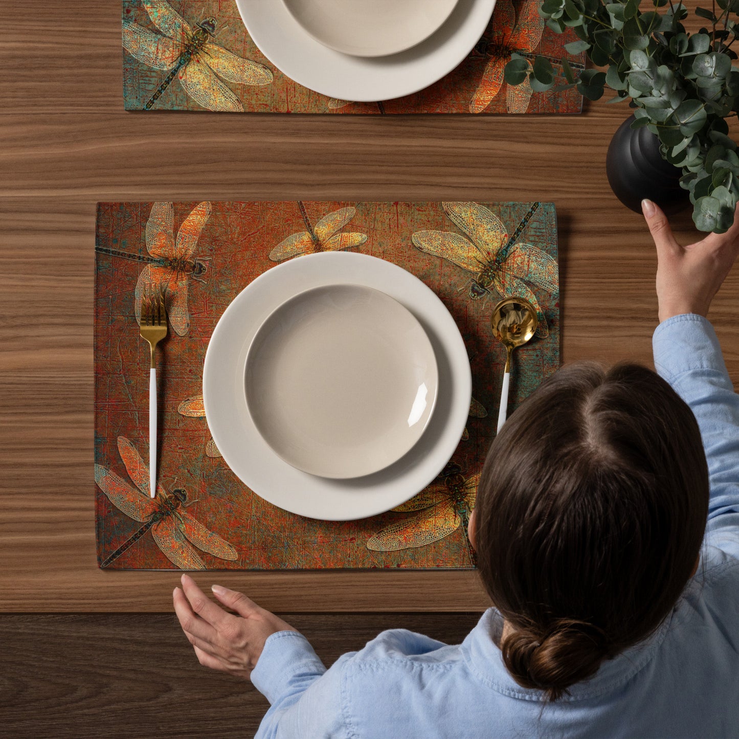 Golden Dragonflies on Orange and Green Background Print Placemat Set of 4 detail