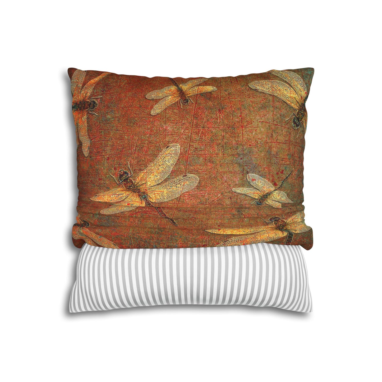 Dragonfly Themed Replacement Pillow Cover, Golden Dragonflies on Orange and Green Background Print back