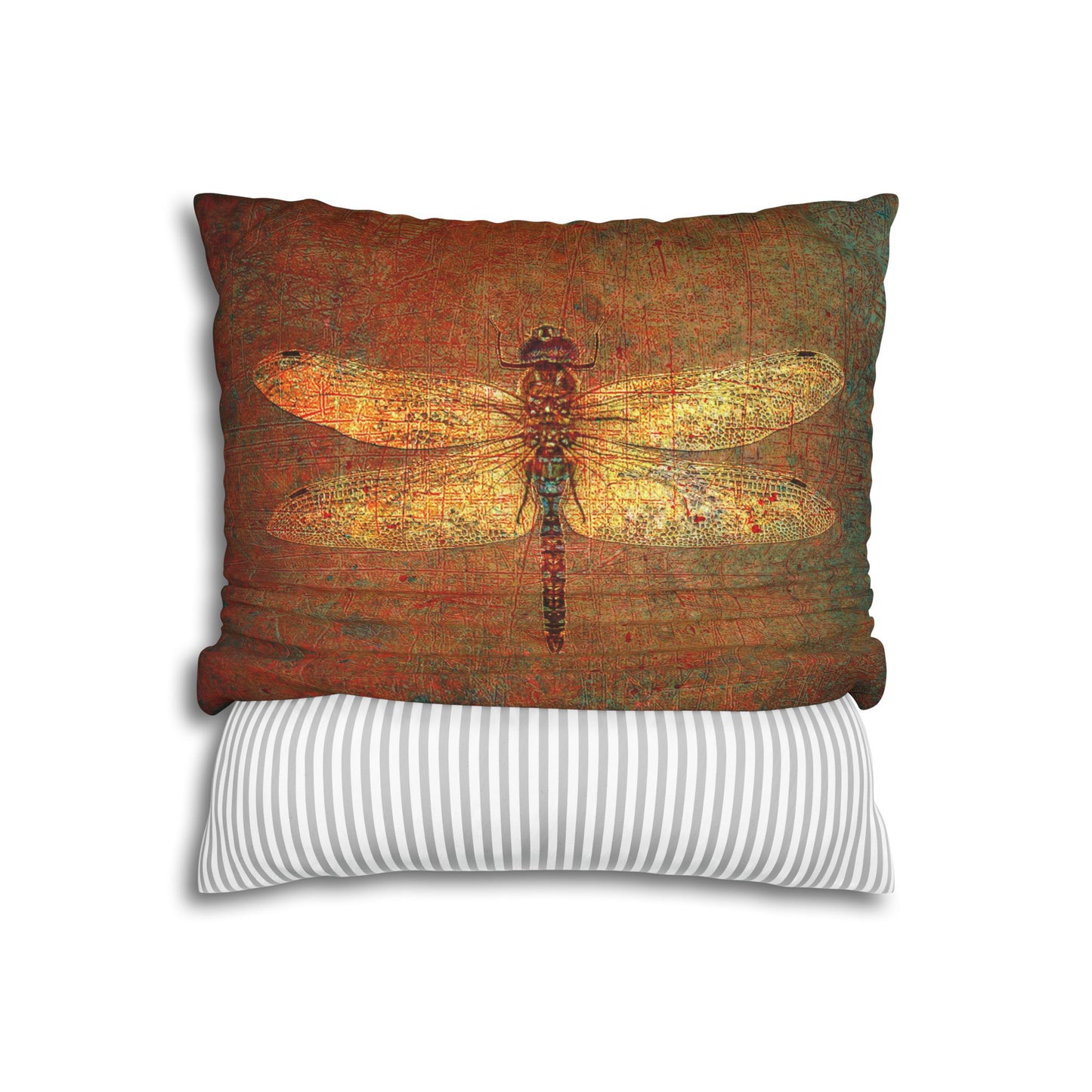 Dragonfly Themed Replacement Pillow Cover, Golden Dragonflies on Orange and Green Background Print front